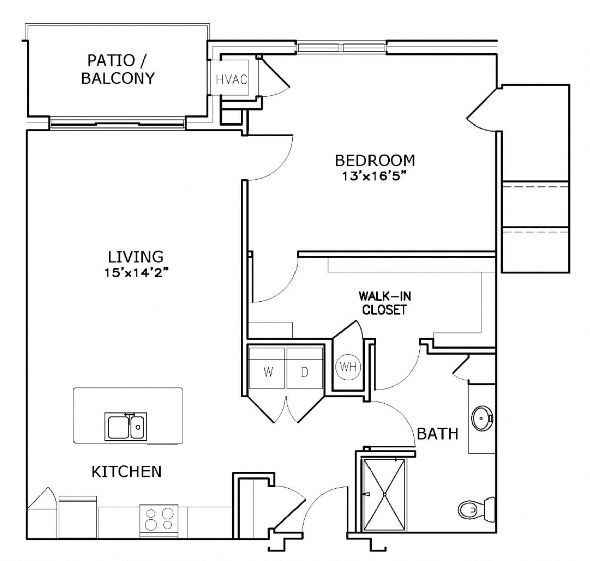 Floor plan for 1 bed, 1 bath, 953 sqft